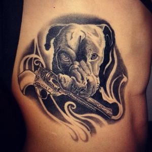 Healed tattoo #tattoo #blackandgrey #dogportrait #pittbull #pistol