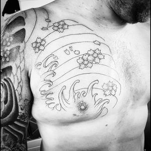 Moving up onto chest #chestpiece #jap #japanese #cherryblossoms #water #windbars #outline #sleeve #tat #tatt #tattoo #tattooartist #blackandgrey #swag #cool #nopain #nogain #uk #kent