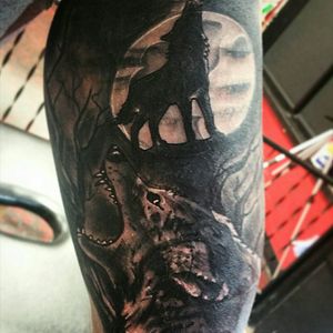 I have this on the inside of my left bicep. Need help with some ideas to finish the sleeve!#Wolf #FullMoon#HalfSleeve