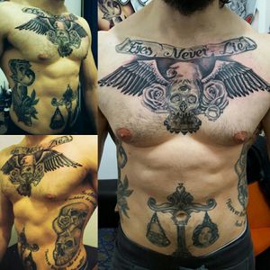 This are a couple of tattoos that i did on my frend.. this tattoos tell's his life  ..this is a front panel in progres . #tattoo #bodysuit #eagle #skulltattoo  #balance #snaketattoo #roses #blackandgreytattoo  #blackandgrey #tattooartist  #tattooart #art