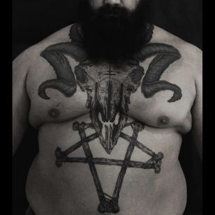 Ram skull with pentagram! #dotwork #blackworktattoo #blackworktattoo #dotworktattoo #ramskull #ram #pentagram #chestpiece #tattoo #skull