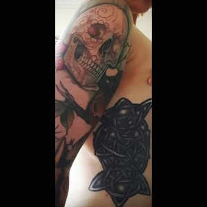 My beautiful self designed rib tattoo with my shoulder piece too 😊 #ribtattoo #selfdesigned #shouldertattoo #skulls #celtic #tattooedgirl