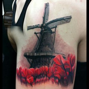 #blackandgrey #realistic #tulips #windmill #windmilltattoo #dark #tattoo #redink  #beautiful #brasil #ink #dreamtattoo