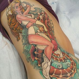 Tattoo by Alayna Magnan, Rabble Rouser Tattoo  (Los Angeles, CA ) #alaynamagnan #pinupgirl #cowgirl #seahorse #inprogress