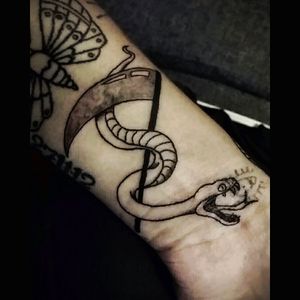 Snek. 💀#snake #scythe #tattoo #wrist #selfmade