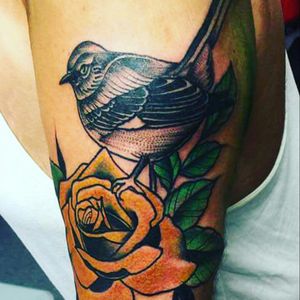 Artist: Matt Kurth Spirit House Tattoo & Piercing Beaumont, Texas #TexasThemeTattoo #Mockingbird #YellowRoseOfTexas #MattKurth #SpiritHouseTattoo