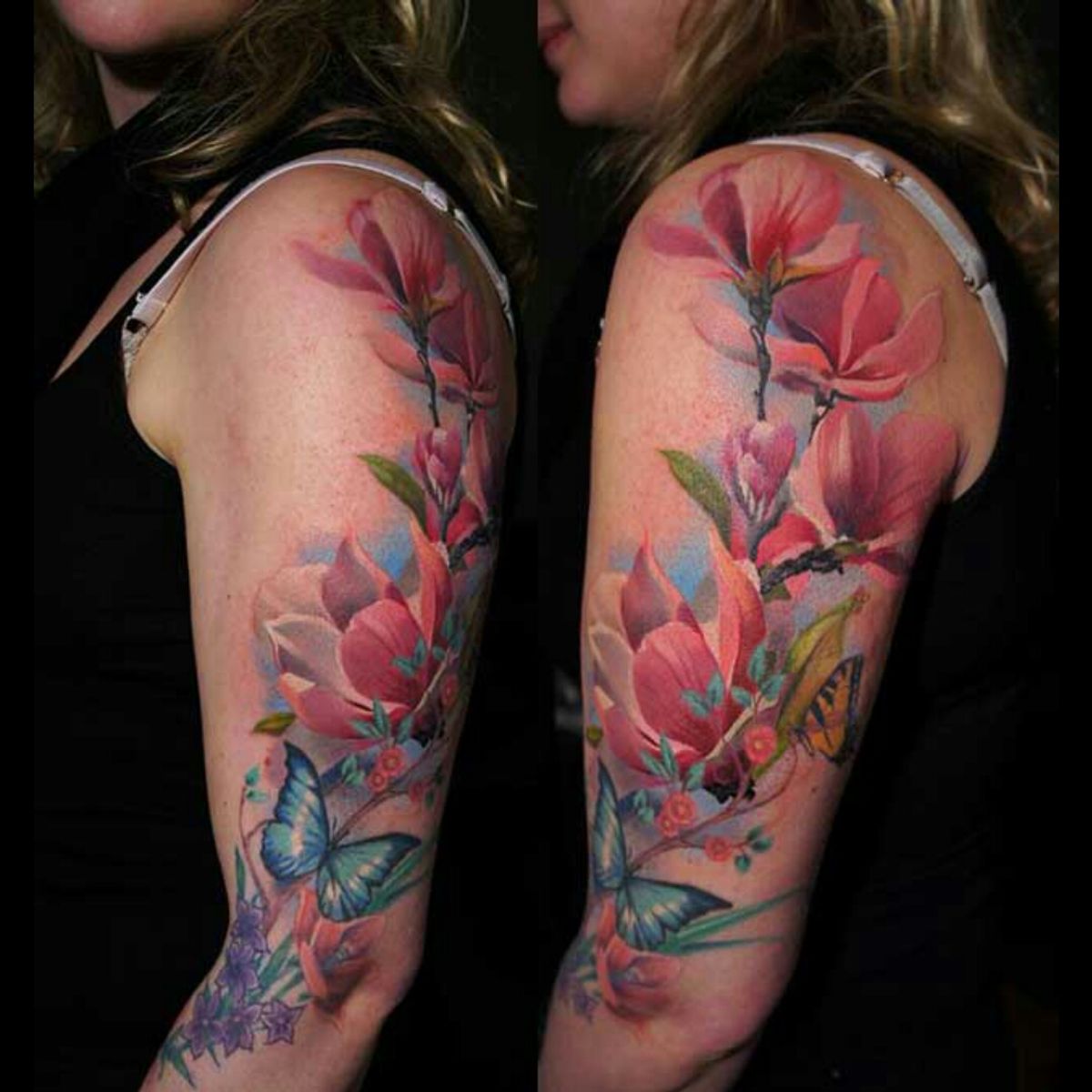 Цветные цветы на плече женские
