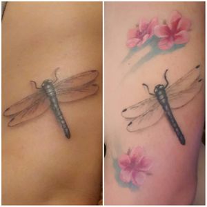A year apart. Added flowers and have since decided to add more soon going up to my shoulder. #dragonfly #finelinetattoo