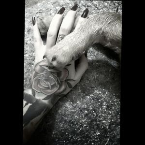 #fingertattoo #fingertattoos #dog #hand #rose #traditional #neotraditional