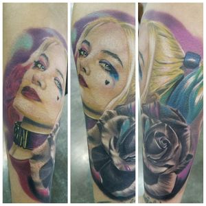 Best of the day  award winnimg tattoo at ink master tattoo comvention in puerto rico by jeff of new life ink #harleyquin #rose #SuicideSquad #harleyquintattoo #tattoo #portrait  #lifeink #awardwinning #Joker #realism #color