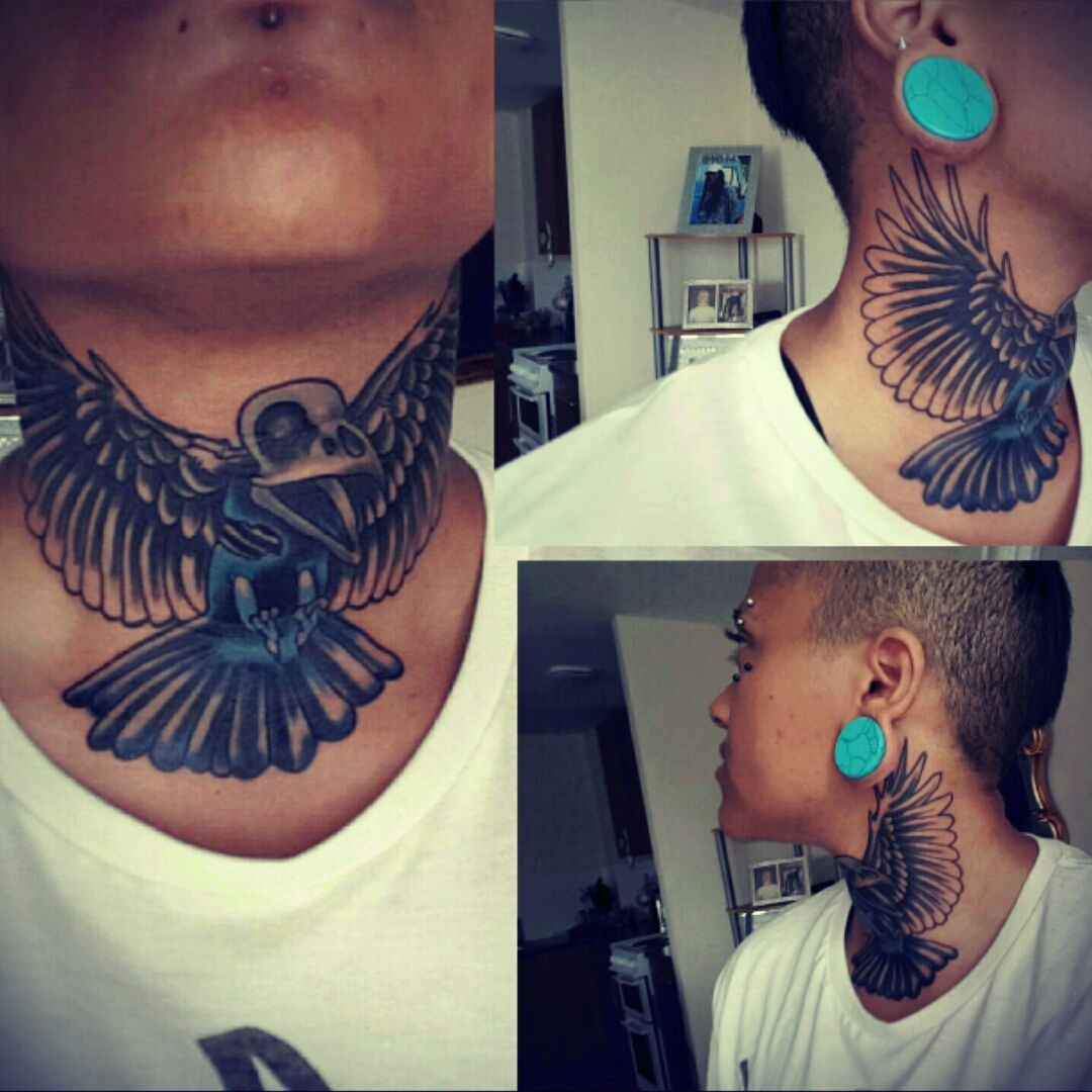 Neotrad Raven on my neck by Benny Mac at Visible Ink in Malden Ma  r tattoos