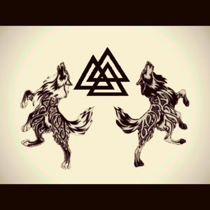 The wolves are Freki and Geri, two servants of Odin whose names mean "the ravenous" or "the greedy ones" and the series of triangles called the Valknut which is the Norse symbol for fallen warriors