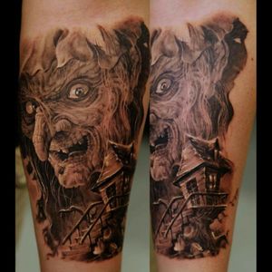 #blackandgreytattoo #blackandgrey #tattoostory #tattoodoo #witchtattoo #witches #treehouse #house #horror #dark #horrortattoo #tattoo