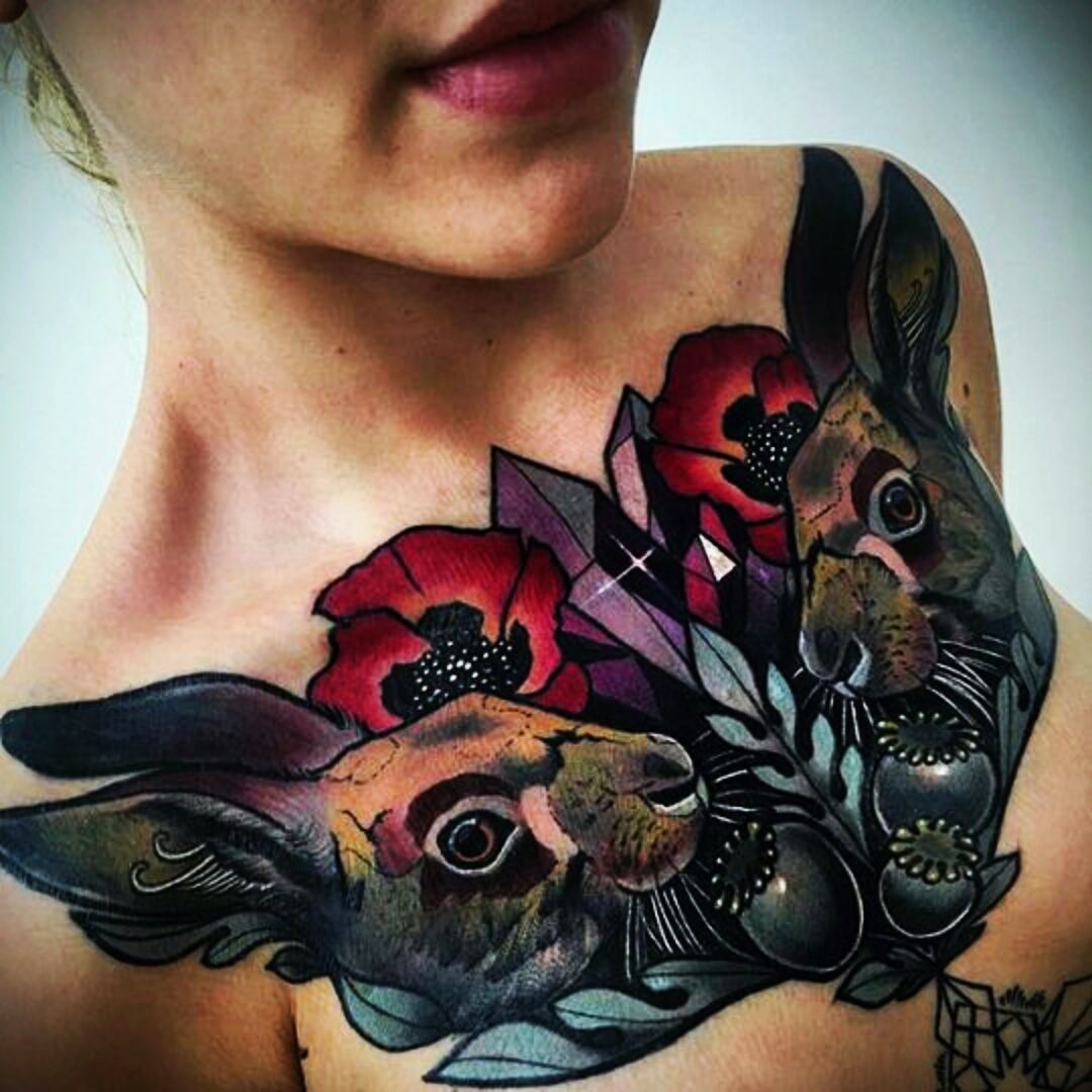 Neo Traditional Chest for Women Tattoo Idea