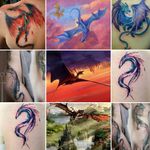 Dream #dragon tattoo as a mix of these images, watercolour-y ish, possibly with some #geometric lines behind one side of it. In red, purple or dark green. #megandreamtattoo