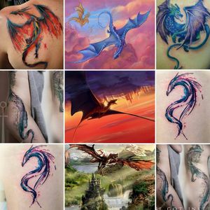 Dream #dragon tattoo as a mix of these images, watercolour-y ish, possibly with some #geometric lines behind one side of it. In red, purple or dark green. #megandreamtattoo