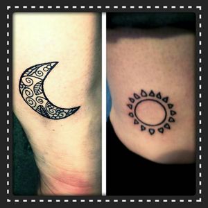 Matching tattoos! My sun tattoo is on my ankle, and my best friend's tattoo on the back of her leg c: #friendship #sun #moon #sunandmoon #sunandmoontattoo #bestfriendtattoo #simple #linework #blackwork