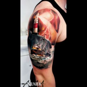 #tattoo #colorful #fullcolor #lighthouse #fullcolor #shiptattoo #ship #sealife #nautical #nauticaltattoos #dreamtattoo #tatooartist #photorealism #realistic