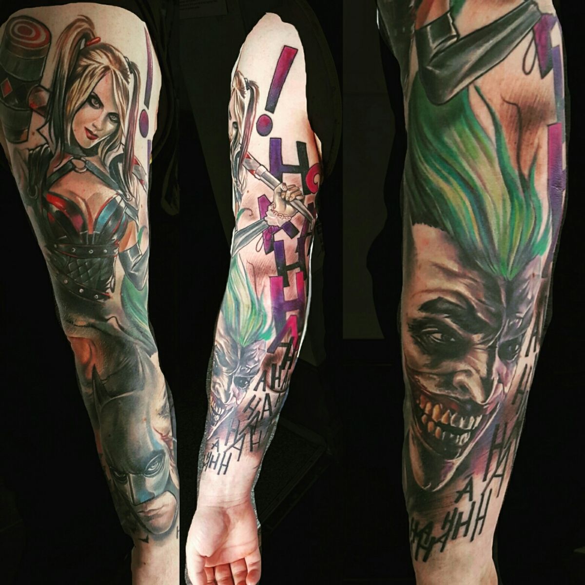 Tattoo uploaded by Tobias • Harley Quinn up top with Joker and Batman under  her. Done by Pawel Skarbowski in Oslo, Norway. 44hours of work. #harleyquinn  #thejoker #joker #batman #sleeve #dccomics • Tattoodo