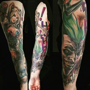 Harley Quinn up top with Joker and Batman under her. Done by Pawel Skarbowski in Oslo, Norway. 44hours of work. #harleyquinn #thejoker #joker #batman #sleeve #dccomics