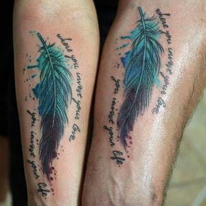 Couple tattoos Feathers #color #colortattoo #colortattoos #nashvilleinktattoo #nashvilletn #tattoo #armtattoos #forearmtattoo #therosetattoo #tattooartist #tattooart #tattooshop #thebesttattooartists #couple #tattooedcouple #coupletattoo #feather #feathers #feathertattoo #letteri #followmeto #followme