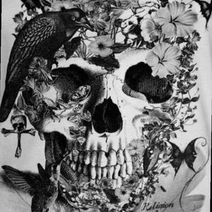 Wouldn't mind this, just without the flowers & maybe thorns or something.#skulltattoo #birds #thorns