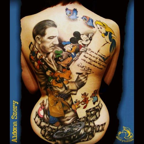 Back piece done by Aldona Szery, paying homage to the late Walt Disney and his beloved characters #disney  #ilovedisney #waltdisney #MickeyMouse #aliceinwonderland #Cinderella #Donaldduck #goofy #pluto