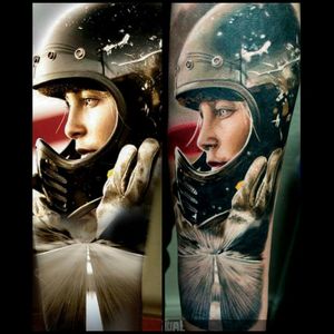 #tattoo #dreamtattoo  #realistic #hyperealism #realism #ink #TattooGirl #colorfultattoo #fullcolor #colorbomb #colorful #tattooartist #road #photorealistic #photorealism #brasil thd left is the photoshop the right is the actual tattoo.