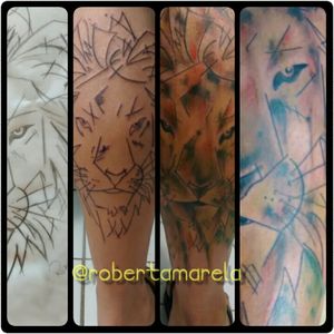 Criação para o Jar, esse leão todo especial!!😉 #lion #leão  #tattooartist #arttattoo #tattoocolors #tattooaquarela #Custom  #coloredskin #customtattoo   #TatuadoraBrasileira #robertamarela #eletricink