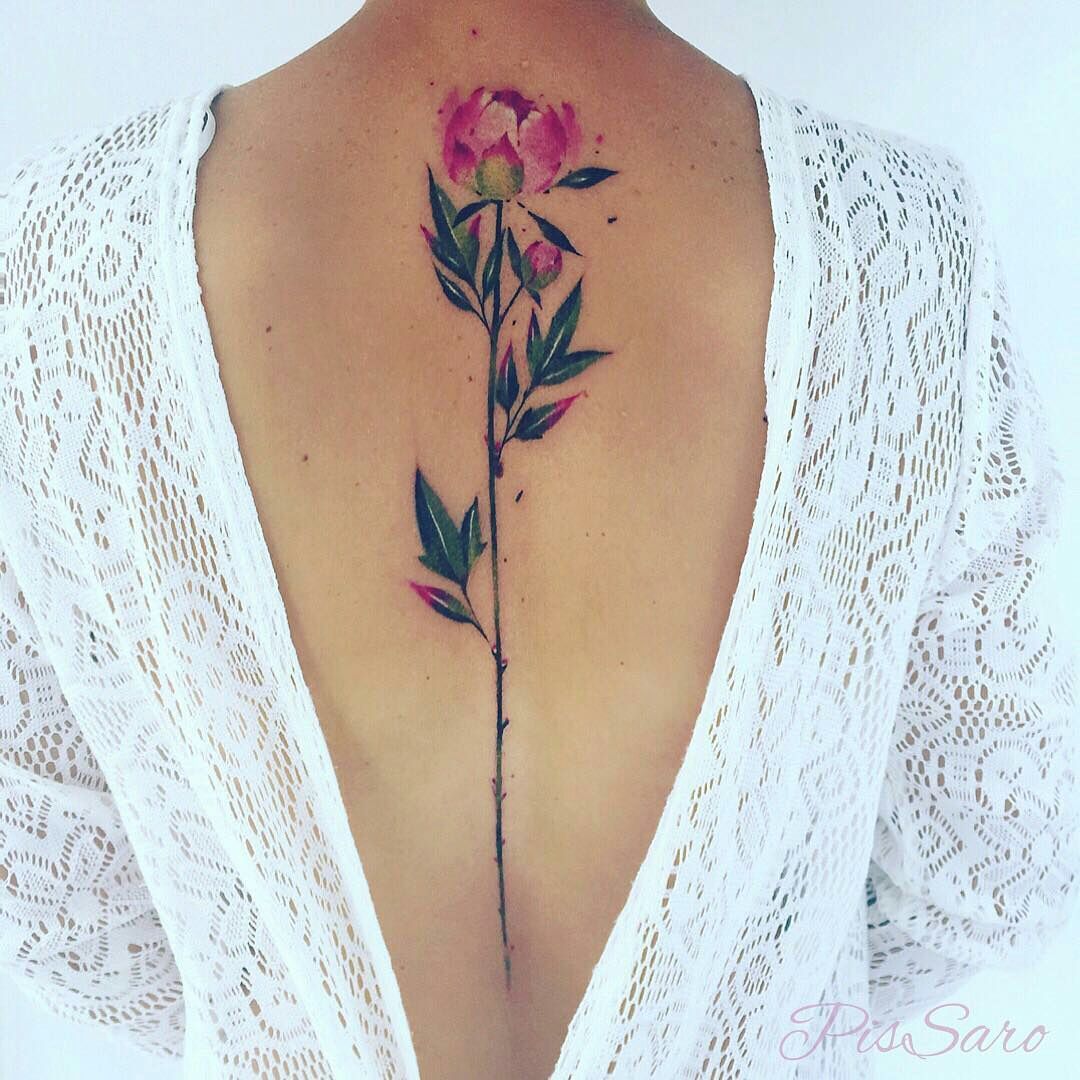 Watercolor peony tattoo on shoulder
