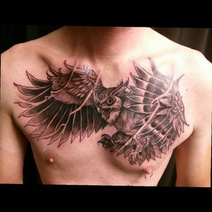 Neo-trad owl chest piece, 7 hour session
