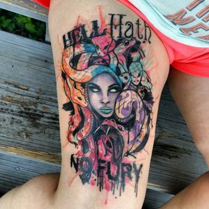 A piece on one of my favorite clients. The face is her face and "Medusa" was her nickname in the military.#watercolortattoos  #medusatattoos #selfportrait #hellhathnofury  #TheOldCrowTattooParlor #cutetattoo #mypassion #starbritecolors #eternalink #phucstyxtattoosupply  #lovethistattoo #prettyink #prettyinink #femaletattooartist #ladytattooer #girlswithink #freereign