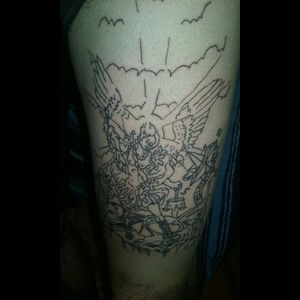 I did the linework on my St. Michael defeating the devil piece. Started some  shading. I will be finishing it next weekend. I will post the finished product then.