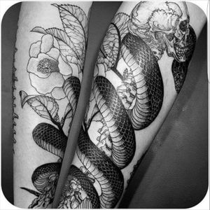 Black and white snake, skull, with a brilliant blue flower and bright green leaves #megandreamtattoo