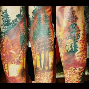 #megandreamtattoo Burning bush/Hill is my clan symbol - one side of my body is exclusively blackwork, the other colour. I have a tree on my left side and would love this kick ass forest fire scene on the other.