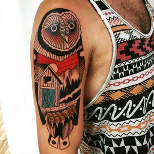 Geometric Owl by Shawn Dougherty of Good Graces Tattoo in Wilmington, NC #geometric #owl #colorful