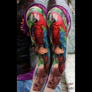 #fullcolor #parrott #bird #animal #colorful #color #tattoo #dreamtattoo #watercolor #ink #tattooartist #sleeve