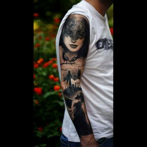 #dark #graveyard #gravestone #horror #black #blackandgreytattoo #blackandgrey #blackwork #portait #scull #sleeve #sleevetattoo #inked #tattoo #tattoos #brasil #brazil #storybook #skulltattoo