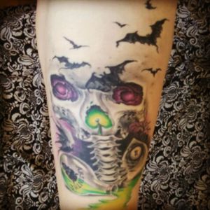 By Bárbara abbys, daytona tattoo (spain) #skull #bats #ouija #bones #absinthe