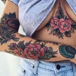 *Not my image, not my tattoos!!* But beautiful inspiration for some lovely traditional pieces down the road! #traditional #sternum #sleeve #floral #traditionalpeonies