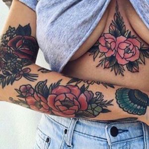 *Not my image, not my tattoos!!*But beautiful inspiration for some lovely traditional pieces down the road!#traditional #sternum #sleeve #floral #traditionalpeonies