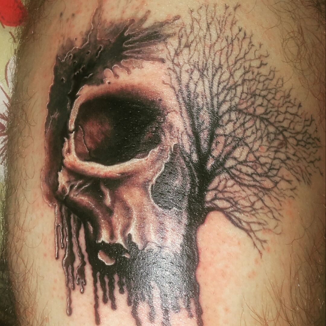 Black And Grey Scary Skull With Tree Without leaves Tattoo On Full Back