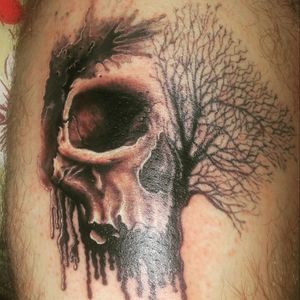 #skull #tattoo #tree #selftattoo #blackandgrey