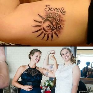 Matching tattoo with my sister 2 weeks before my wedding as part of my Bachelorette party =) "sorelle" means "sisters" in Italian #bicep #sistertattoos #matching #ItalianTattoo