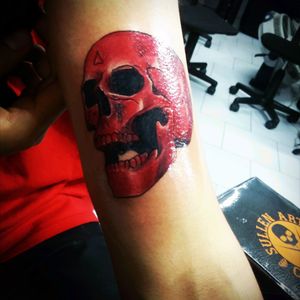 Red skull by Samuel Speck in Garage Ink #mexicantattoo #red #skull #skulltattoo