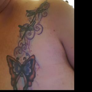Had butterfly as my first tattoo,  after a lot of medical issues. Added the 2 dragonflies later symbolizing my 2 sons leaving home.#butterfly #dragonfly