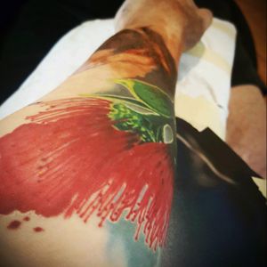 In the chair getting more added to my arm #pohutukawa #inkedbymario #colour #color #watercolour #watercolor #realism #flower