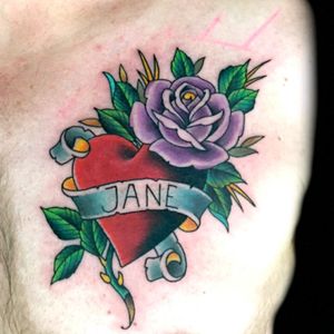 Heart for Jane by @henningjorgensen For info or bookings pls contact us at art@royaltattoo.com or call us at + 45 49202770 #royal #royaltattoo #royaltattoodk #royalink #royaltattoodenmark #hearttattoo #rose #rosetattoo #traditional #color #jane #love #dedication #wife #family