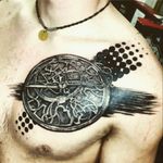 My astrolabe chest piece done by Rich Ackerman at Skin City, Rock Springs WY #astrolabe #blackandgrey #trashpolka #skincitytattoos #loveit