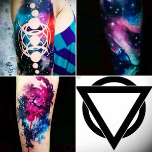 These images are the inspiration behind my upcoming tattoo. So like the top right and bottom left image I want a colourful galaxy design. However in following of the style of the top left image I want to leave space in the middle blank, to outline the bottom right image #entershikari #galaxy #galactic #calftattoo #geometric #nexttattoo